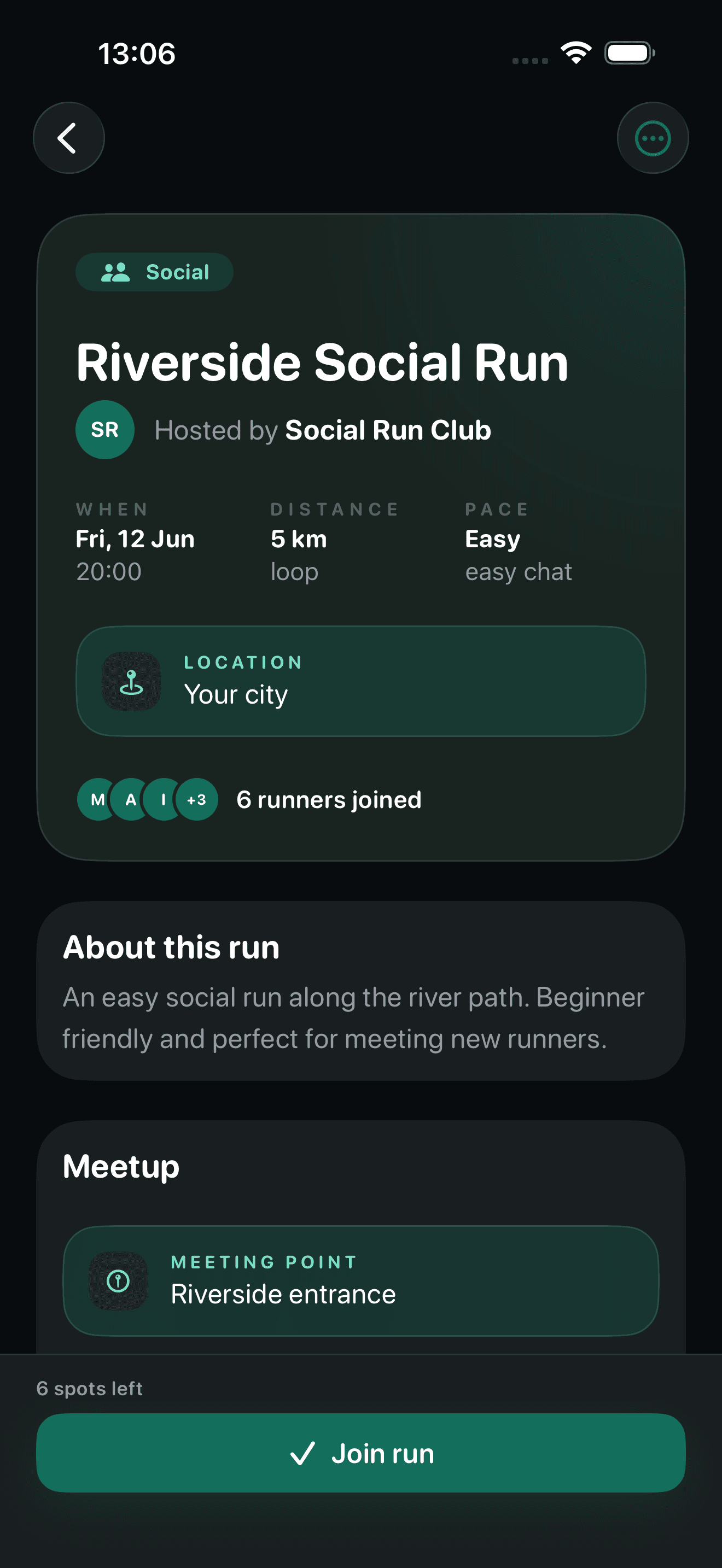 Run details with participants and meetup information